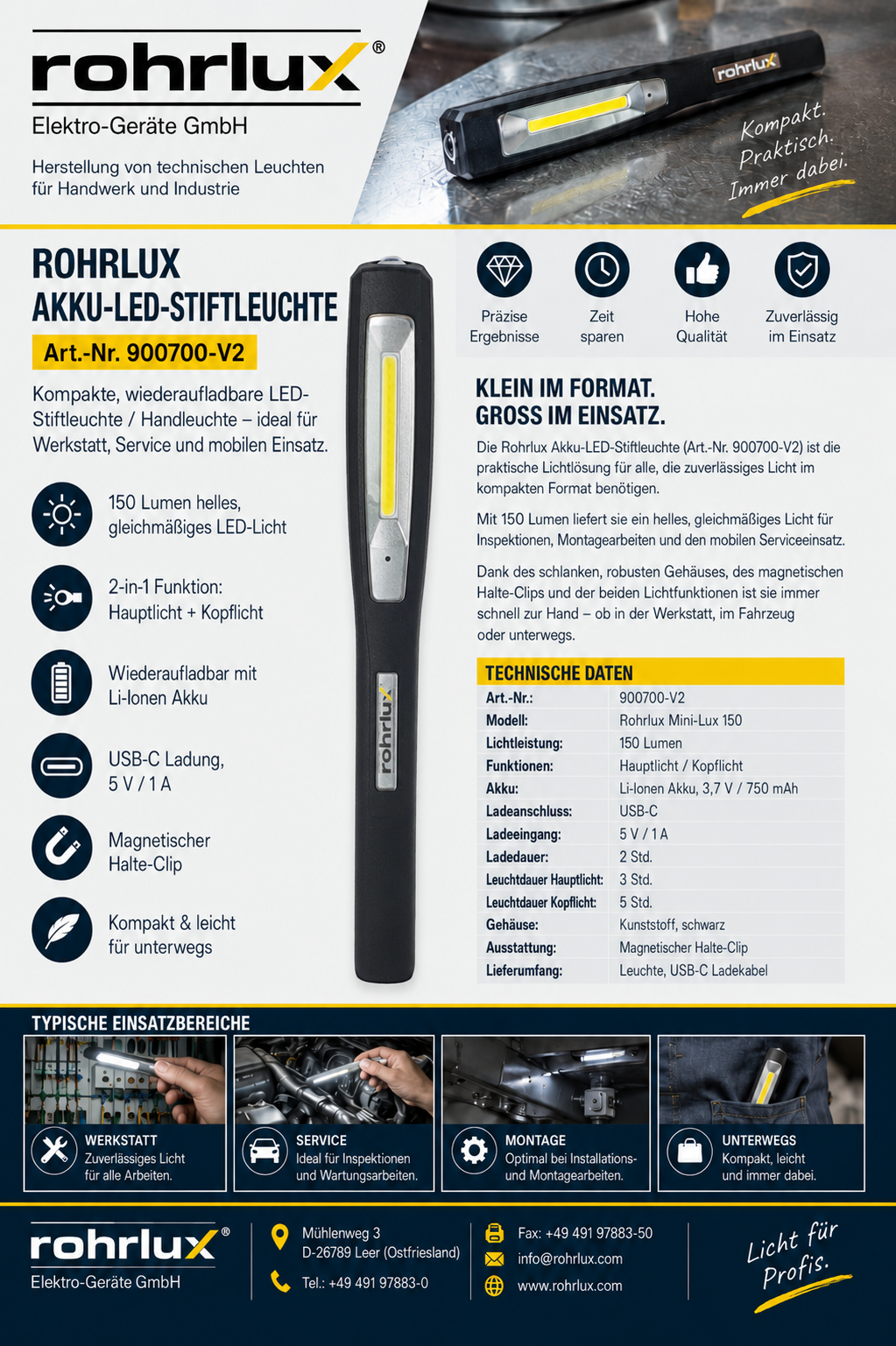Kompakte 2 in 1 LED Stiftleuchte Rohrlux "Mini-Lux" - 150 Lumen