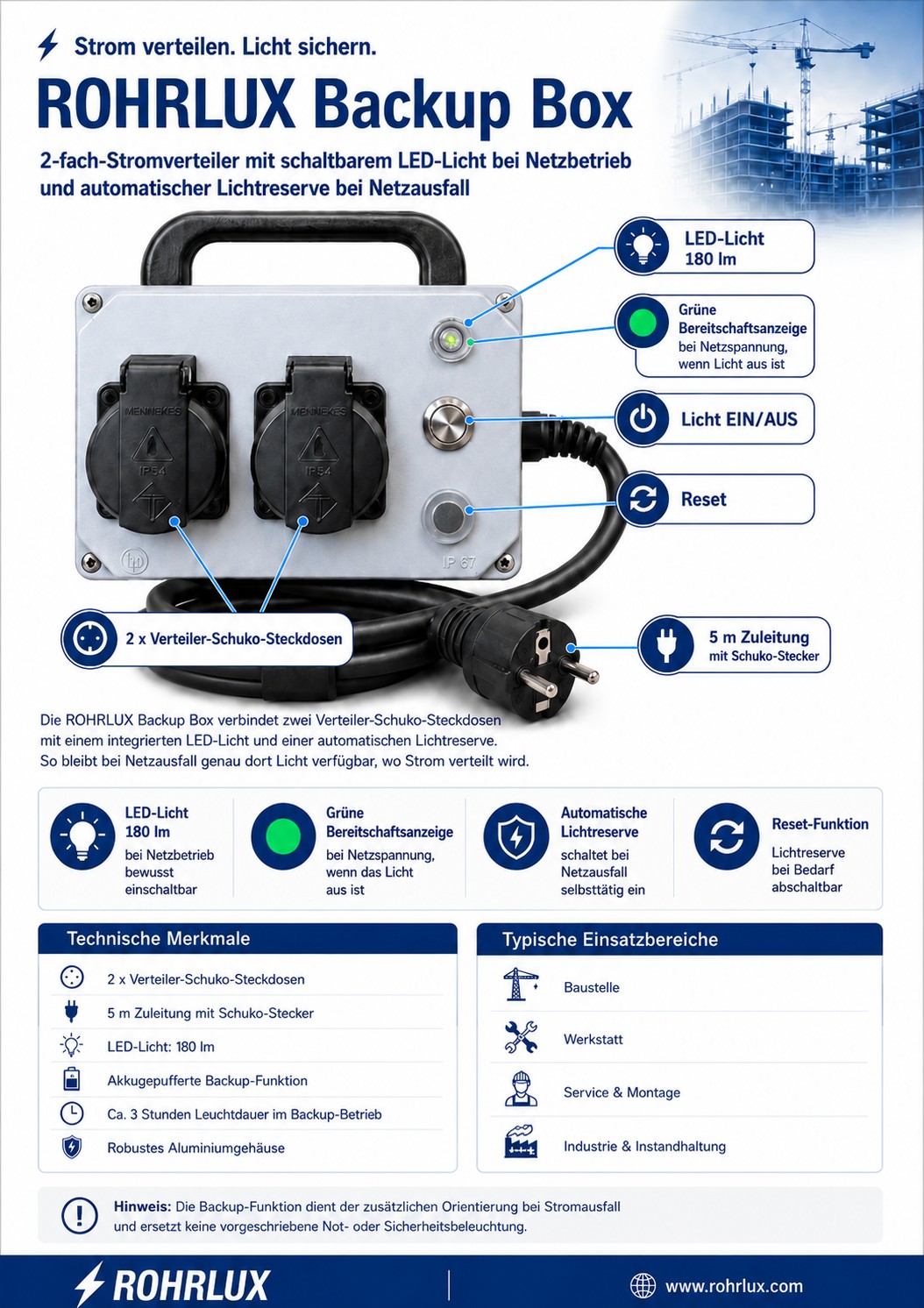 ROHRLUX Backup Box – 2-fach-Stromverteiler mit automatischer Lichtreserve