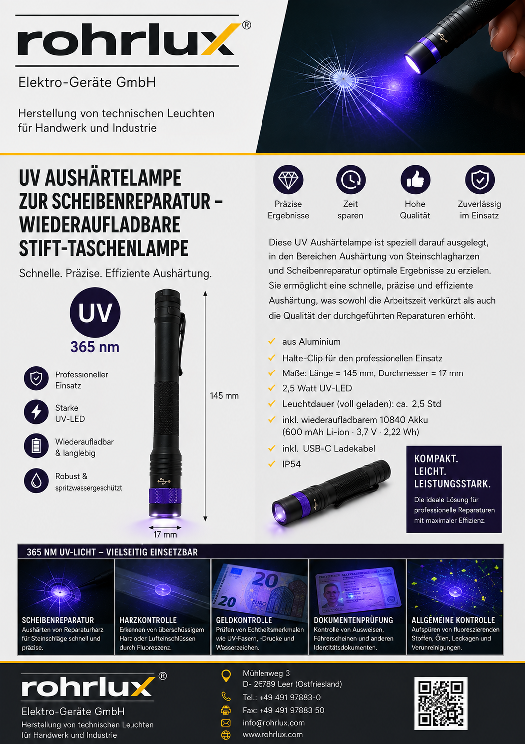 UV Aushärtelampe zur Scheibenreparatur - wiederaufladbare Stift-Taschenlampe